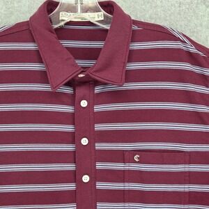 CRIQUET Men Large Short Sleeve Polo Shirt Burgundy Blue Stripe Pima Cotton